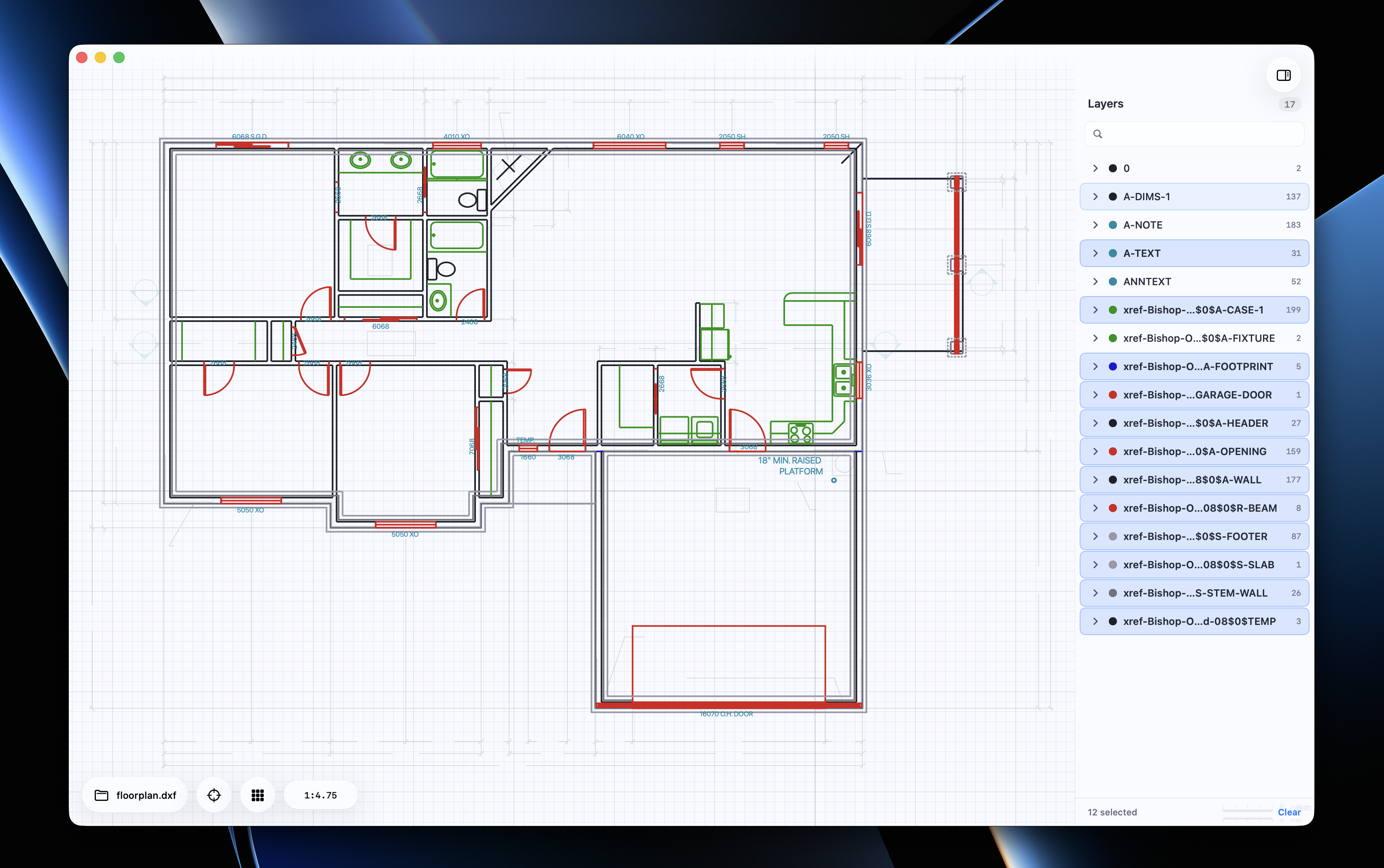DXF Viewer showing floorplan.dxf — 17 layers in the sidebar including A-DIMS, A-NOTE, A-TEXT, and xref-Bishop layers; 12 selected; scale 1:4.75.